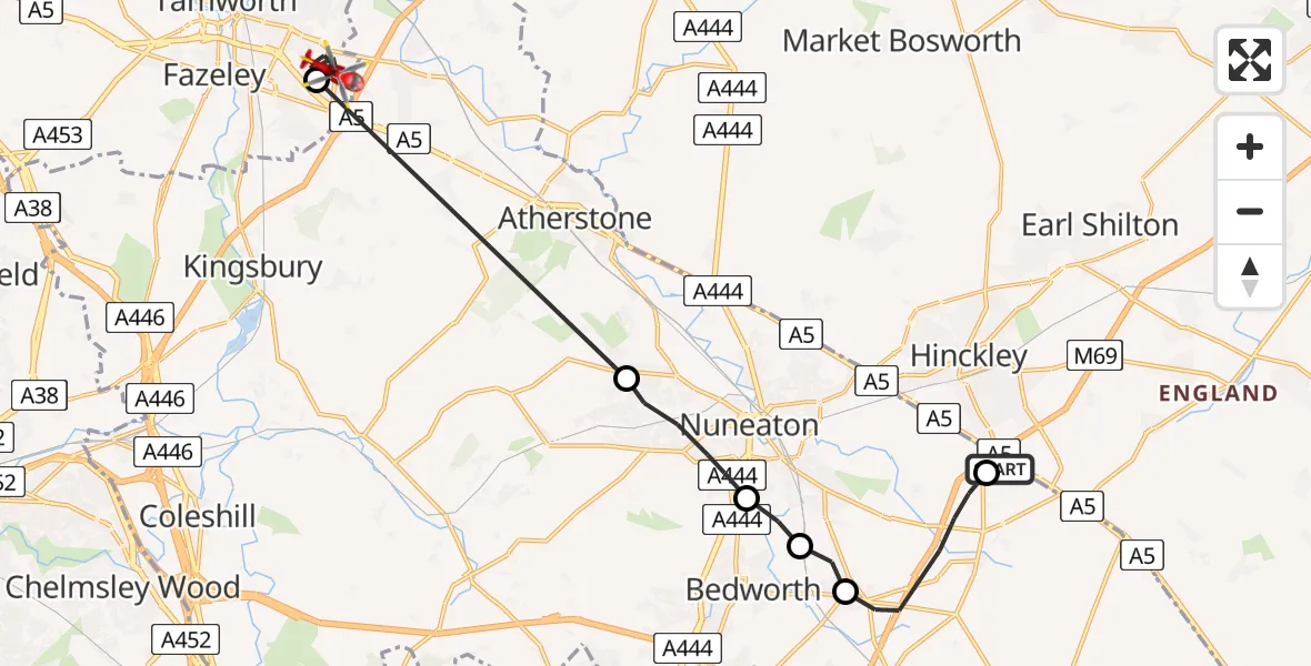 Flight route Air Ambulance Helicopter Stretton Baskerville - Tamworth, 30 July 2026, 12:59