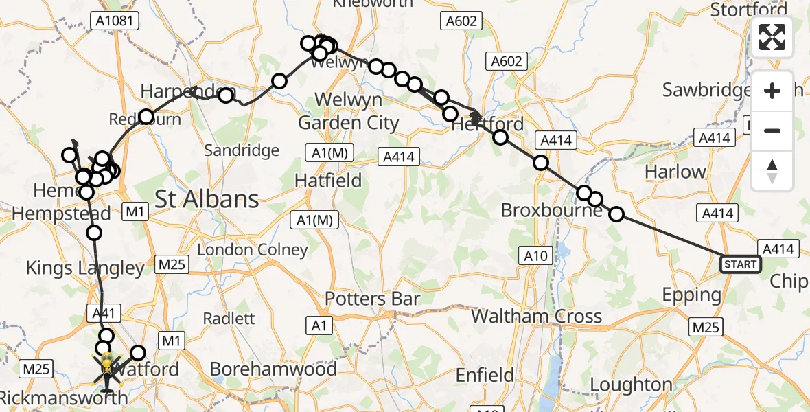 Flight route Police Helicopter North Weald Airfield - Watford, 30 July 2026, 13:03