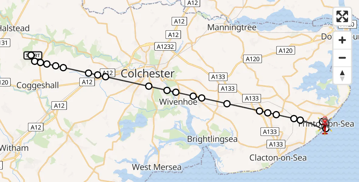 Flight route Air Ambulance Helicopter Earls Colne Airfield - Great Holland, 30 July 2026, 13:12