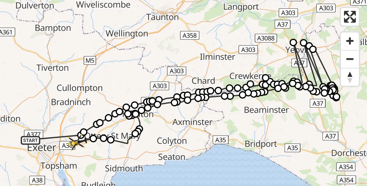 Flight route Police Helicopter Exeter - Exeter International Airport, 30 July 2026, 13:13