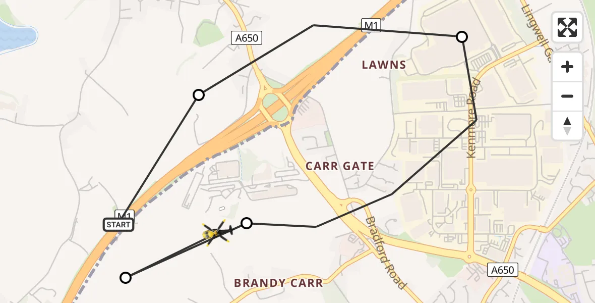 Flight route Police Helicopter East Ardsley - East Ardsley, 30 July 2026, 13:14