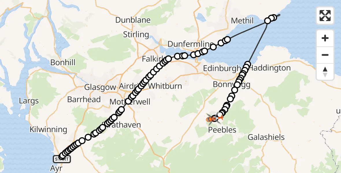Flight route Coastguard Helicopter Glasgow Prestwick Airport - Eddleston, 30 July 2026, 13:22