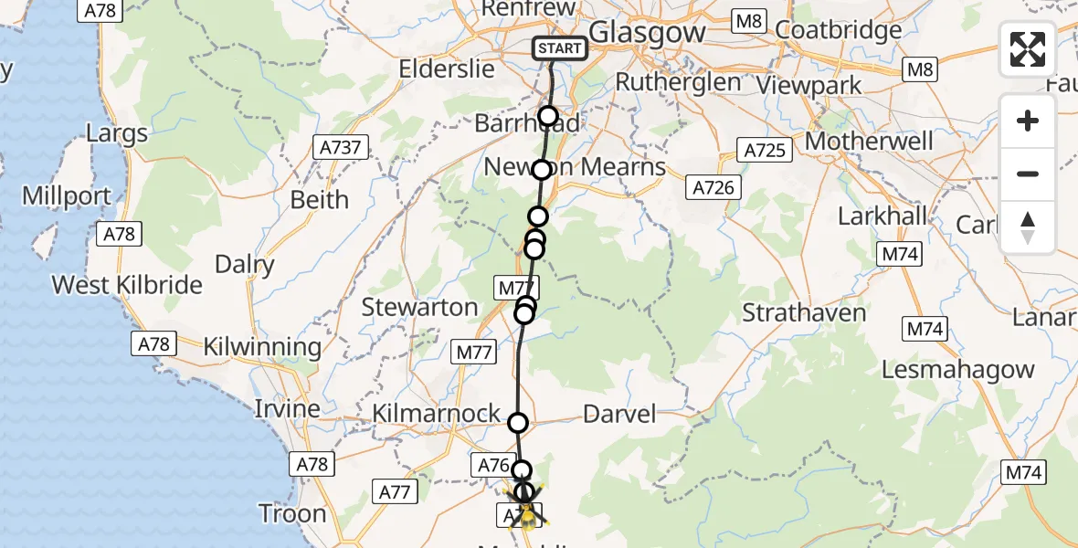 Flight route Police Helicopter Glasgow - Crosshands, 30 July 2026, 13:23