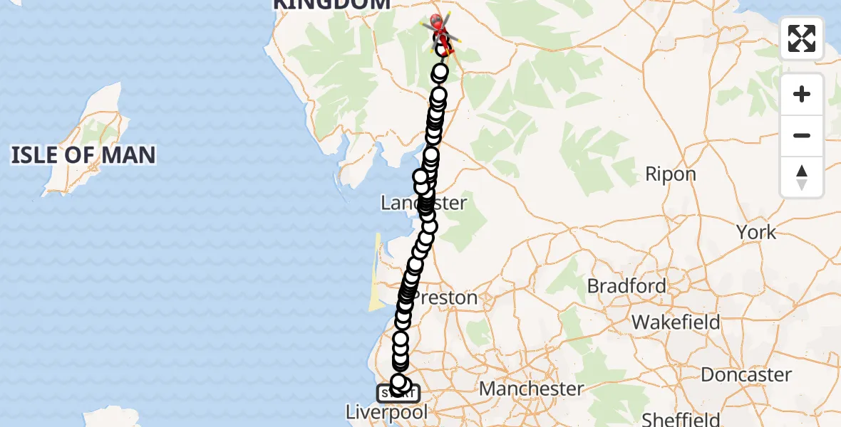 Flight route Air Ambulance Helicopter Liverpool - Rosgill, 30 July 2026, 13:29