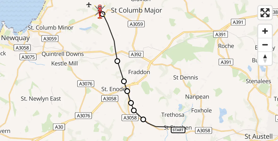 Flight route Air Ambulance Helicopter Trethosa - Cornwall Airport Newquay, 30 July 2026, 13:31
