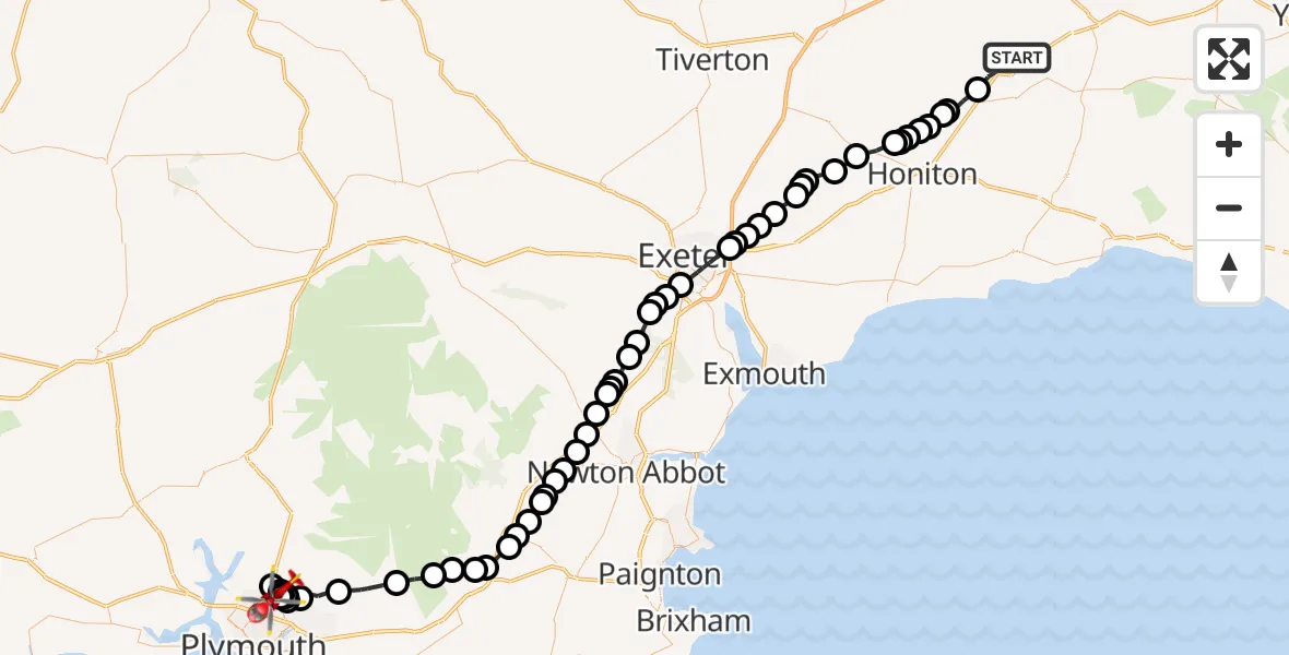 Flight route Air Ambulance Helicopter Yarcombe - Derriford Hospital, 30 July 2026, 13:33