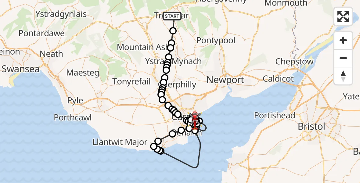 Flight route Air Ambulance Helicopter Tredegar - Cardiff Heliport, 30 July 2026, 13:43