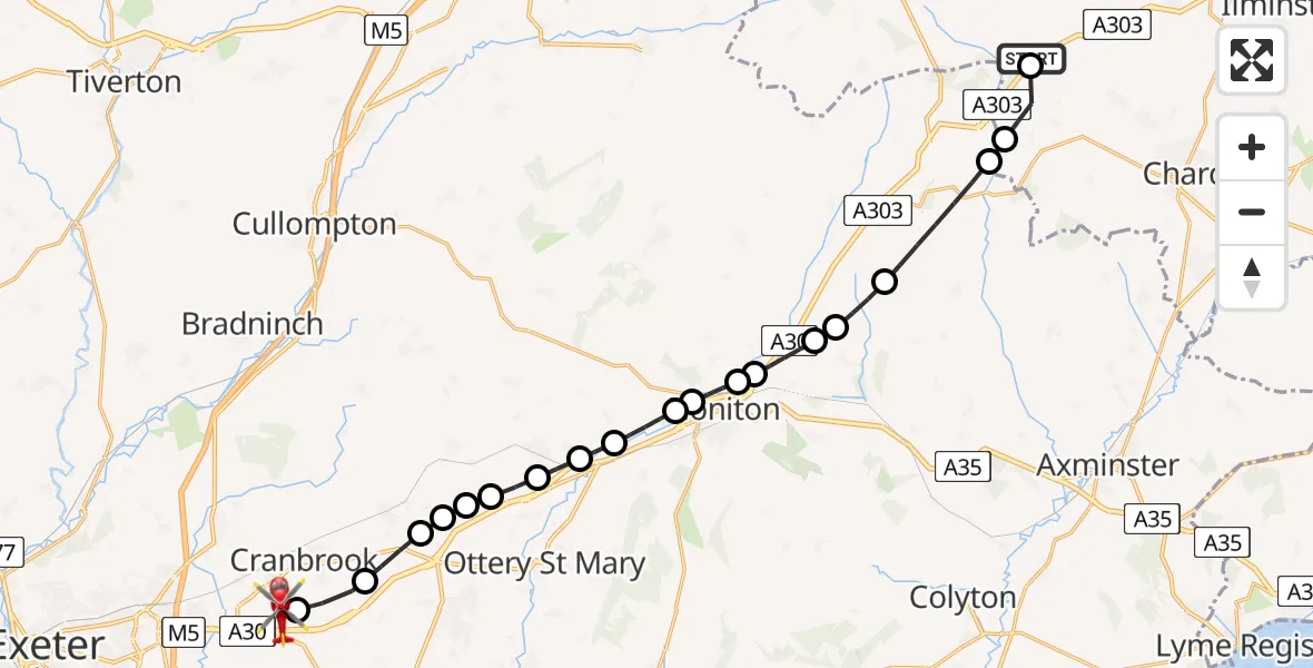 Flight route Air Ambulance Helicopter Chard - Exeter International Airport, 30 July 2026, 13:50