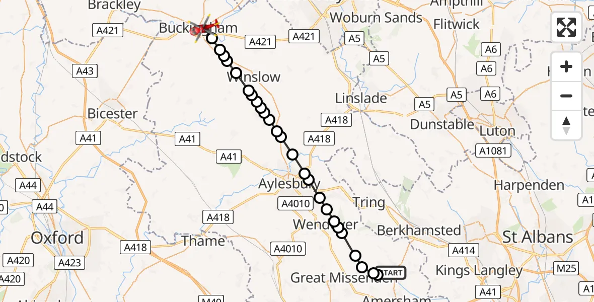 Flight route Air Ambulance Helicopter Chesham - Buckingham, 30 July 2026, 13:53