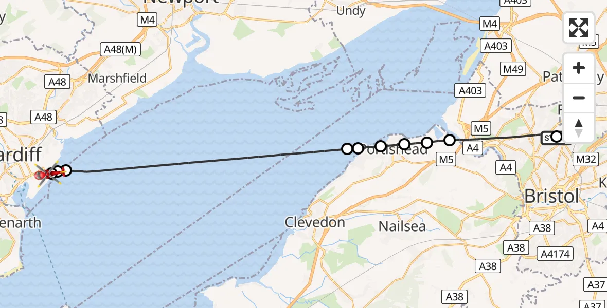 Flight route Air Ambulance Helicopter Southmead Hospital - Cardiff Heliport, 30 July 2026, 13:53
