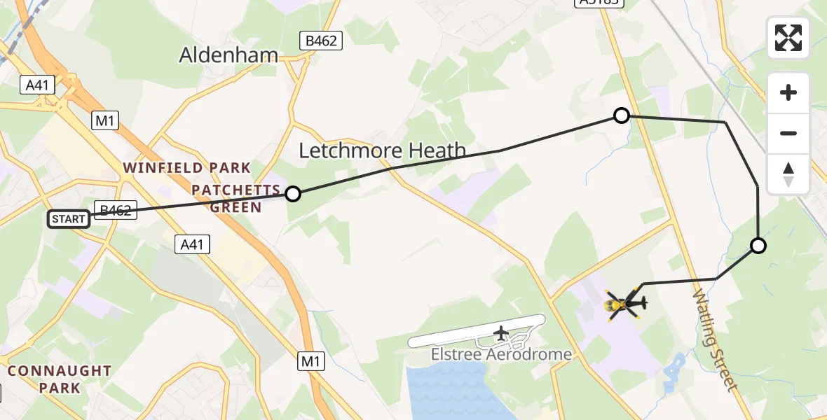 Flight route Police Helicopter Bushey - Aldenham, 30 July 2026, 13:54