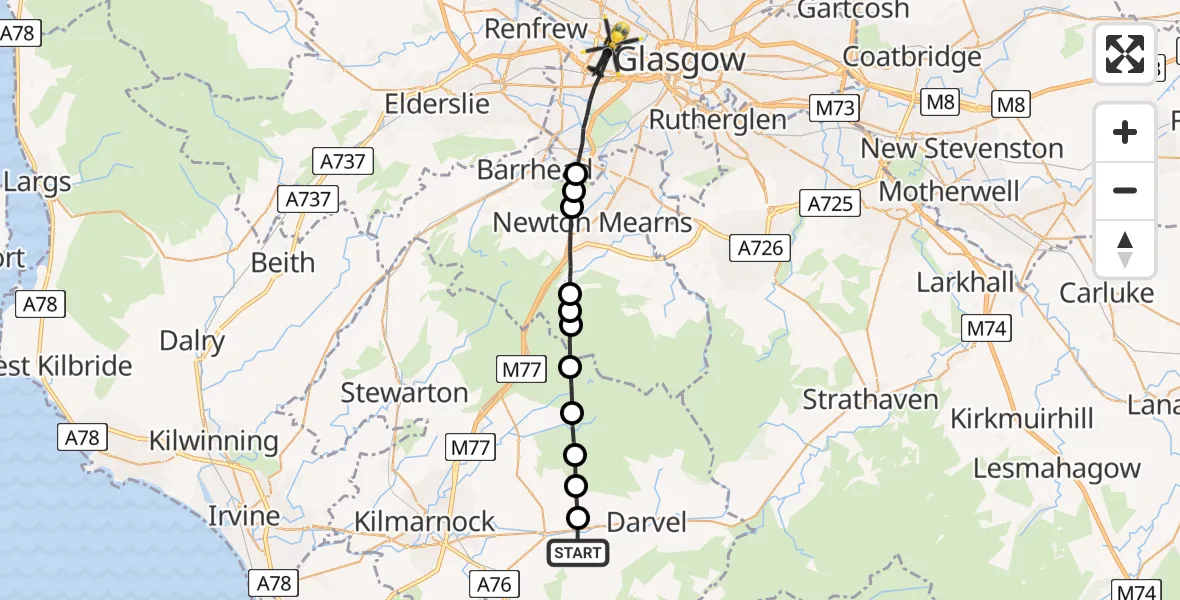 Flight route Police Helicopter Galston - Glasgow, 30 July 2026, 13:55