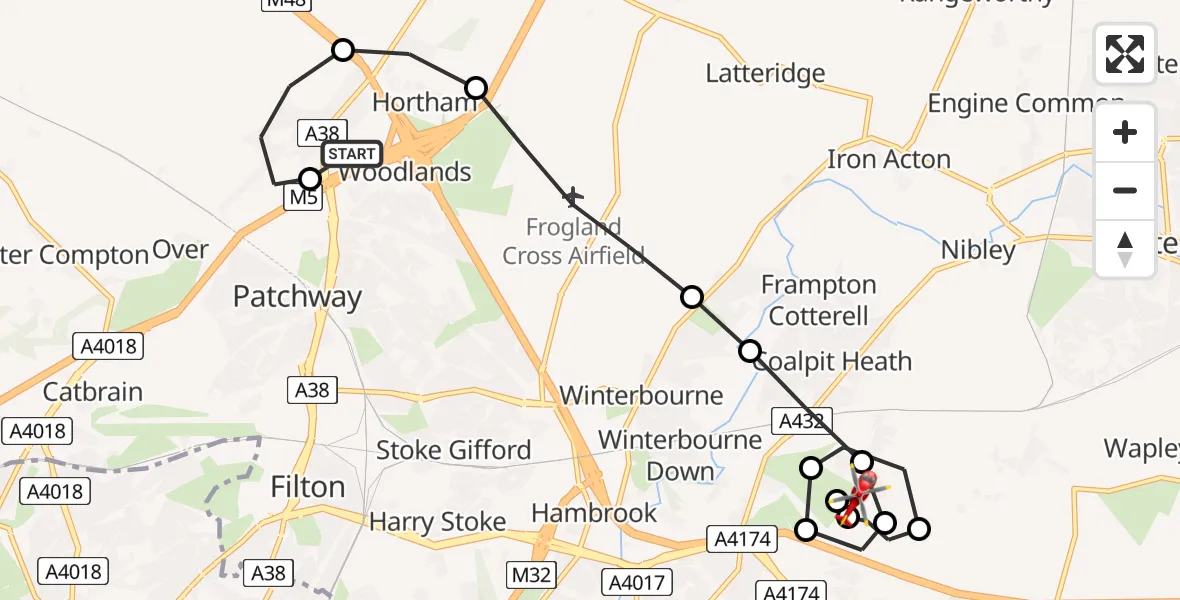Flight route Air Ambulance Helicopter Almondsbury Helicopter Base - Westerleigh, 30 July 2026, 13:56