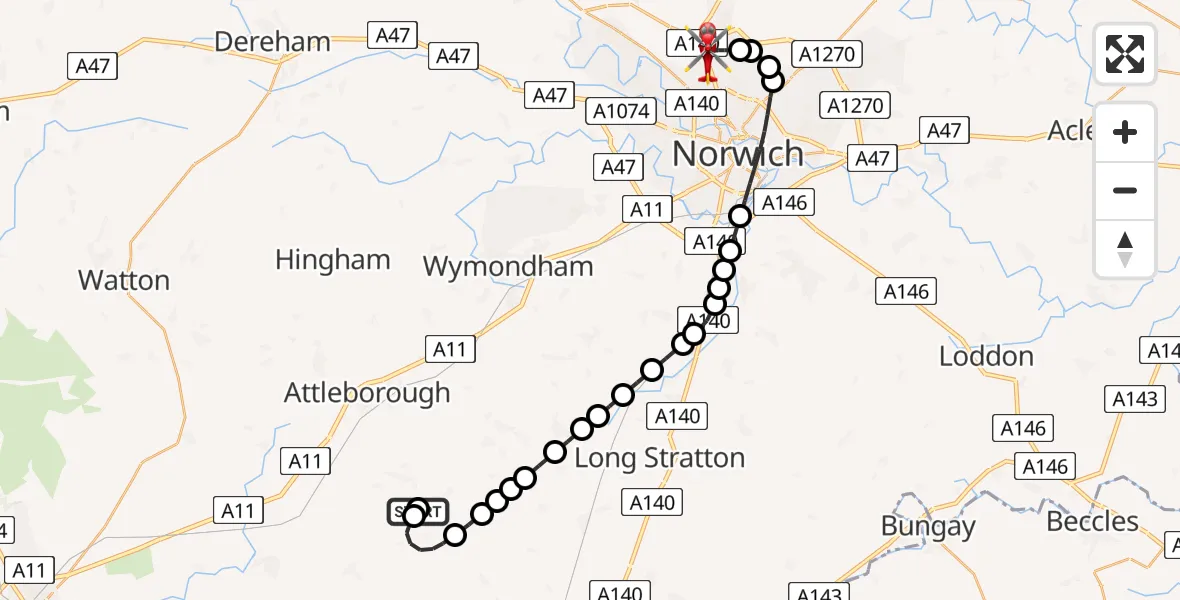 Flight route Air Ambulance Helicopter Banham - Norwich Airport, 30 July 2026, 13:57