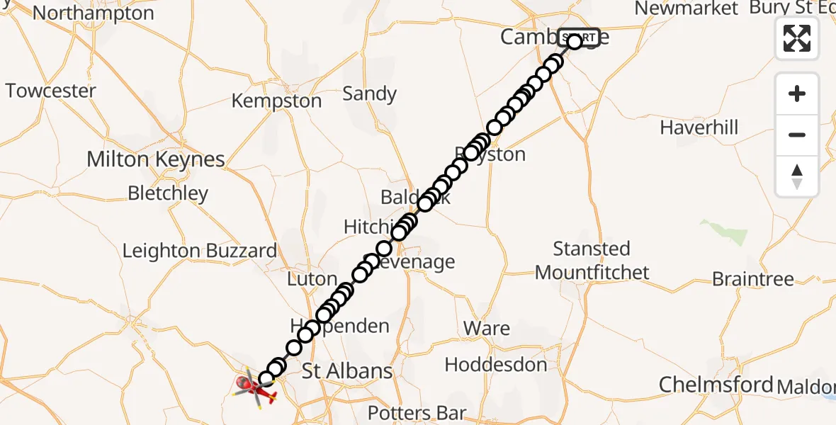 Flight route Air Ambulance Helicopter Cambridge City Airport - Bovingdon, 30 July 2026, 14:02