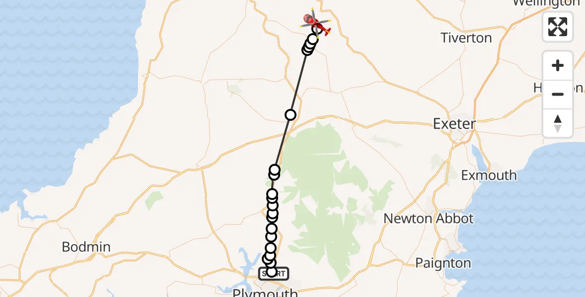 Flight route Air Ambulance Helicopter Derriford Hospital - Burrington, 30 July 2026, 14:31