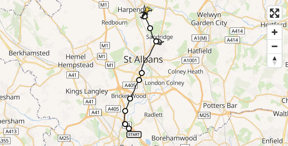 Flight route Police Helicopter Letchmore Heath - Harpenden, 30 July 2026, 14:34