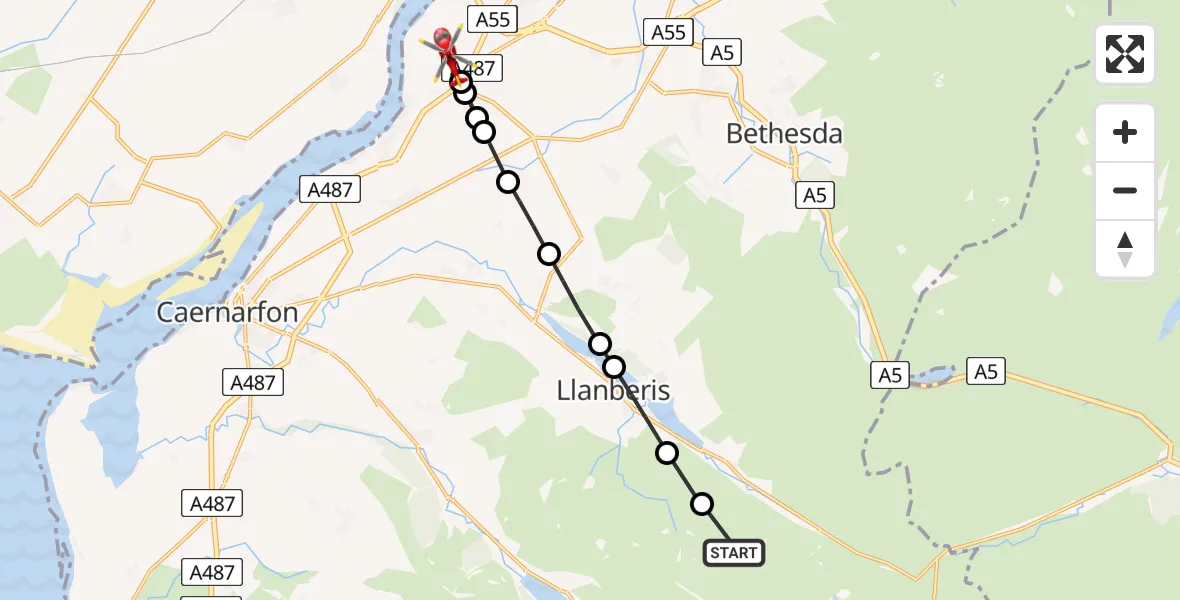 Flight route Air Ambulance Helicopter Llanberis - Aber Pwll, 30 July 2026, 14:36