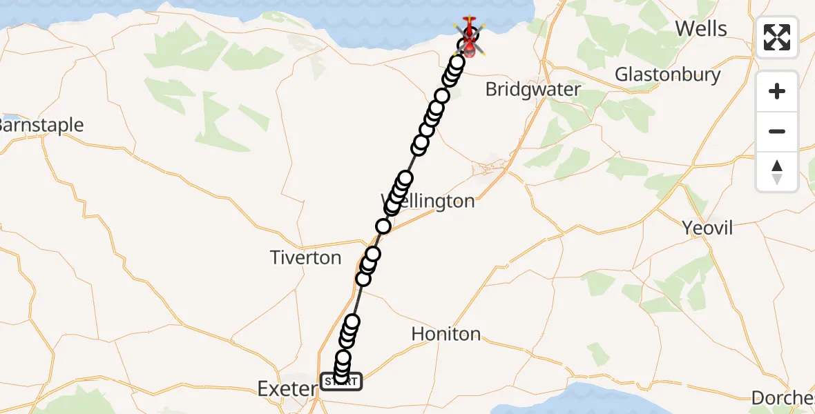 Flight route Air Ambulance Helicopter Exeter International Airport - Stogursey, 30 July 2026, 14:36