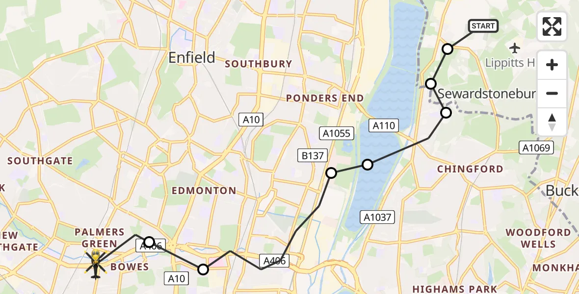 Flight route Police Helicopter Sewardstonebury - Palmers Green, 30 July 2026, 14:44