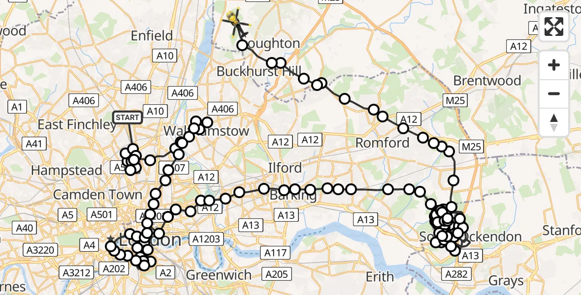 Flight route Police Helicopter Wood Green - Sewardstonebury, 30 July 2026, 14:49