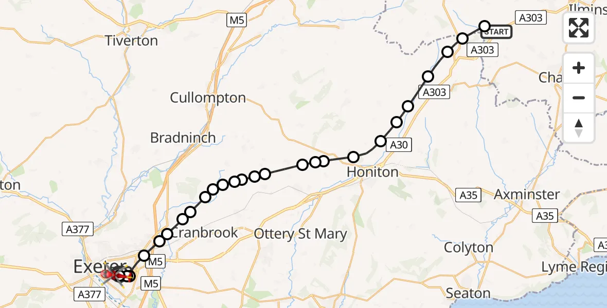 Flight route Air Ambulance Helicopter Buckland St Mary - Royal Devon & Exeter Hospital, 30 July 2026, 15:02