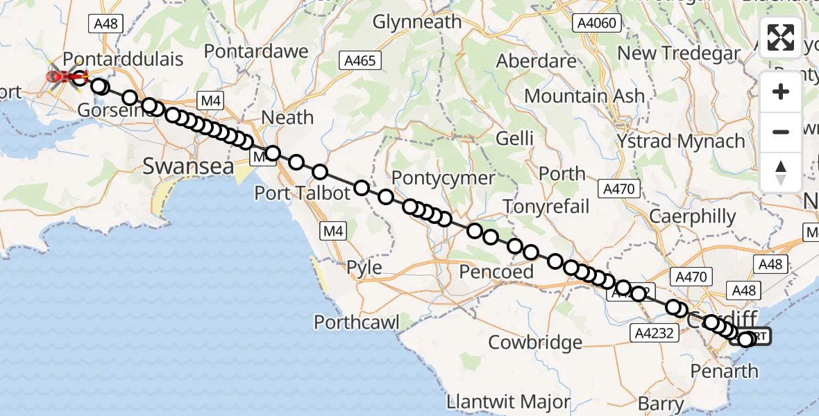 Flight route Air Ambulance Helicopter Cardiff Heliport - Dafen, 30 July 2026, 15:02