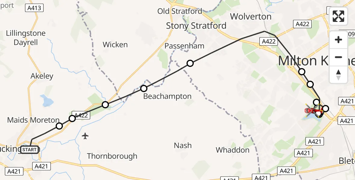 Flight route Air Ambulance Helicopter Buckingham - Knowlhill, 30 July 2026, 15:05
