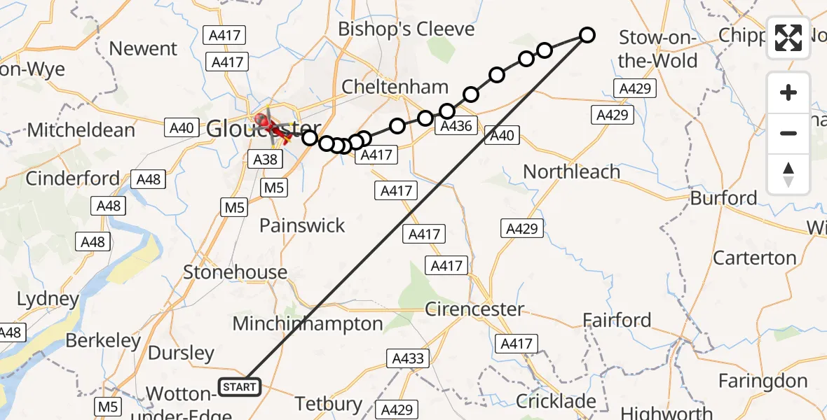 Flight route Air Ambulance Helicopter Kingscote - Gloucester, 30 July 2026, 15:06