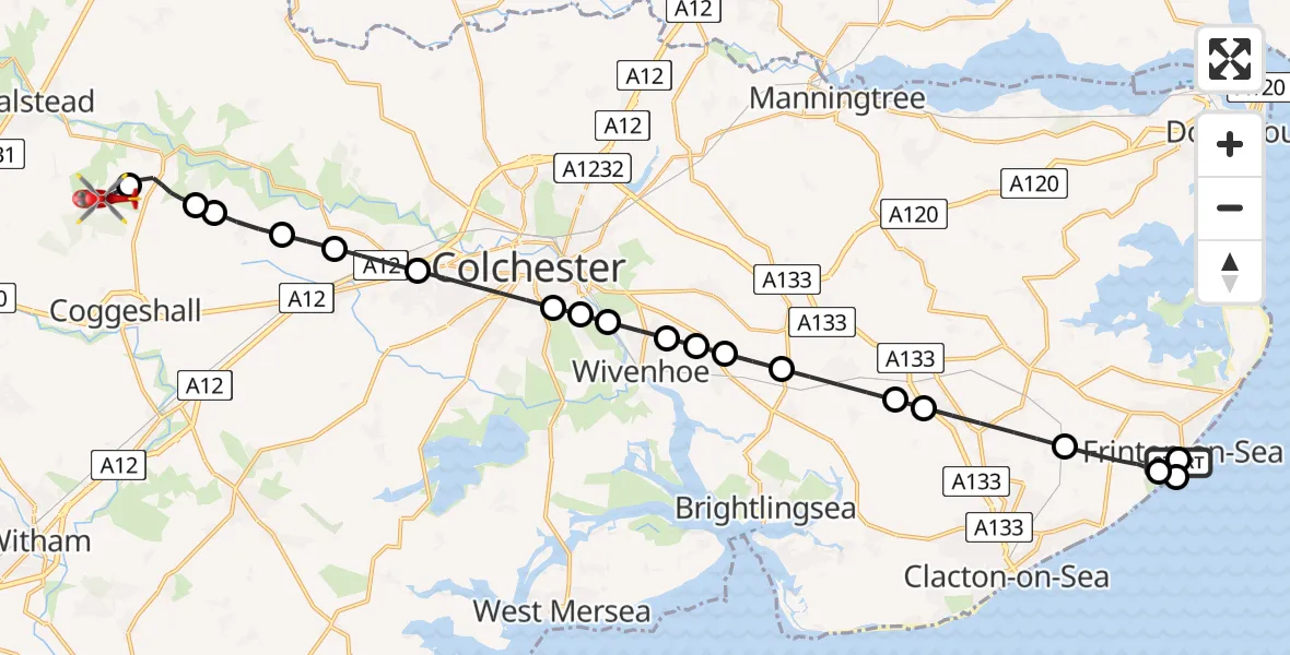 Flight route Air Ambulance Helicopter Frinton-on-Sea - Earls Colne Airfield, 30 July 2026, 15:07