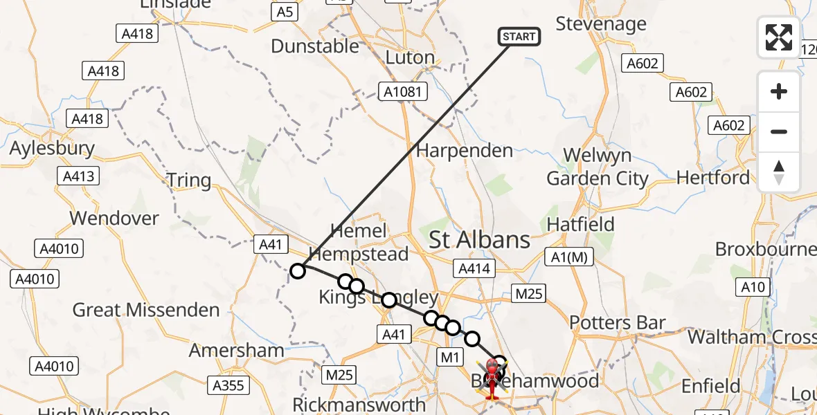 Flight route Air Ambulance Helicopter King's Walden - Elstree Airfield, 30 July 2026, 15:11