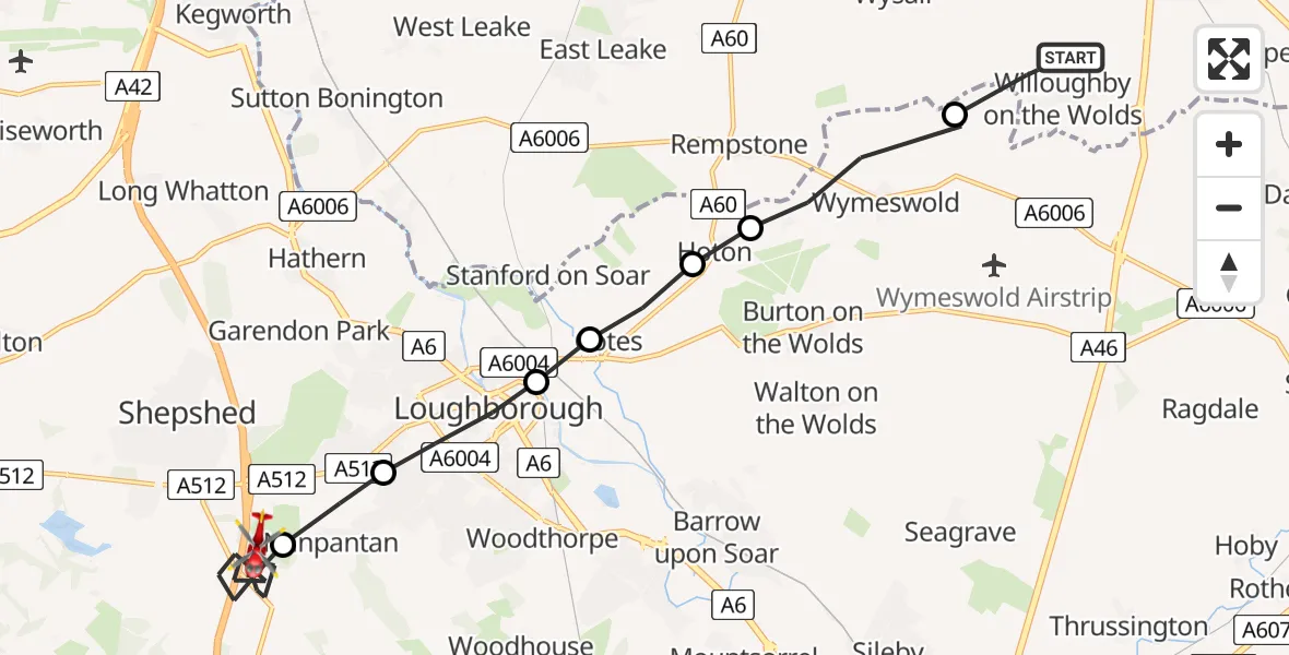 Flight route Air Ambulance Helicopter Willoughby on the Wolds - Shepshed, 30 July 2026, 15:25