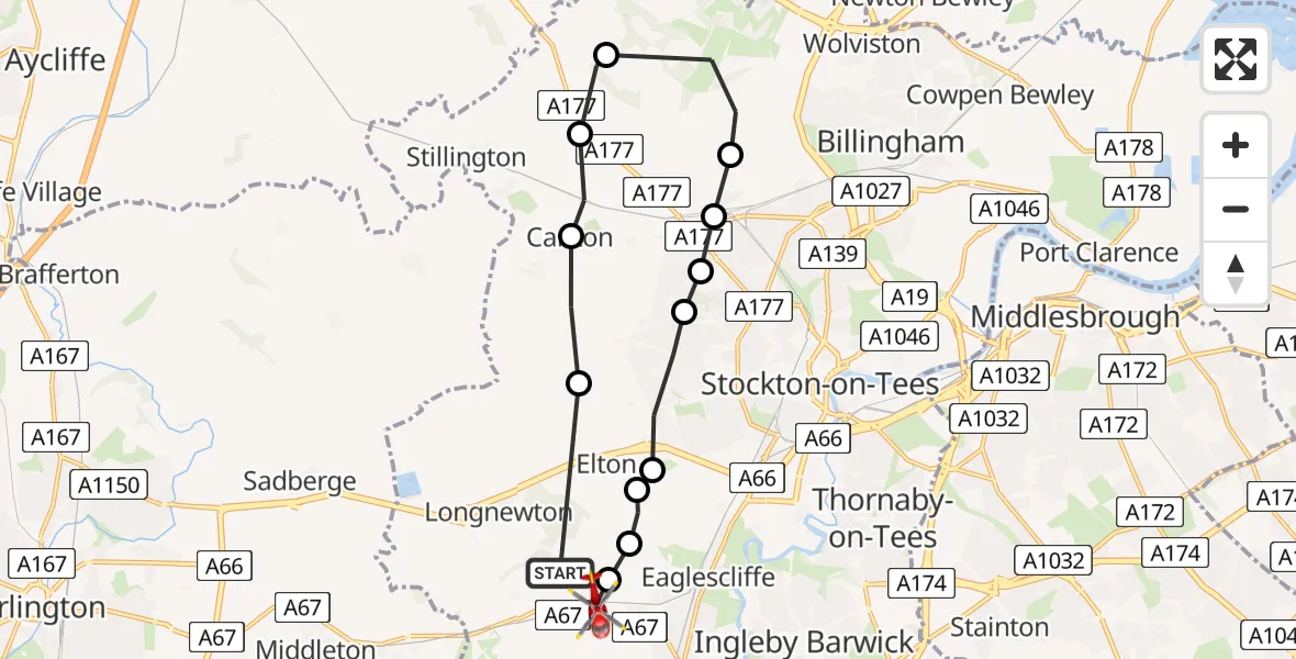 Flight route Air Ambulance Helicopter Longnewton - Egglescliffe, 30 July 2026, 15:25