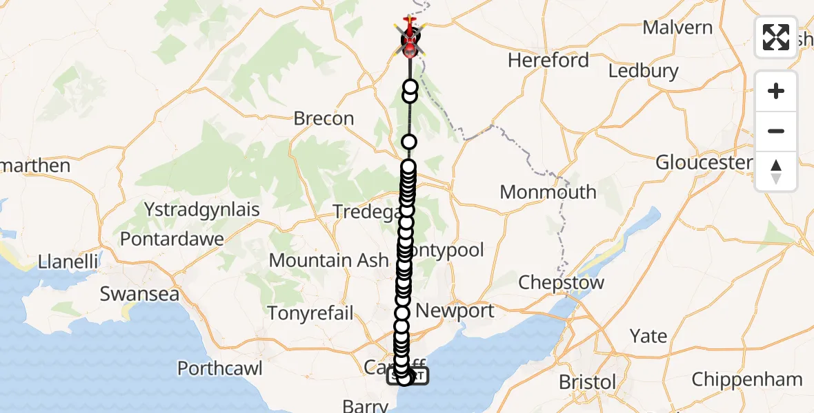Flight route Air Ambulance Helicopter Cardiff Heliport - Clyro, 30 July 2026, 15:32