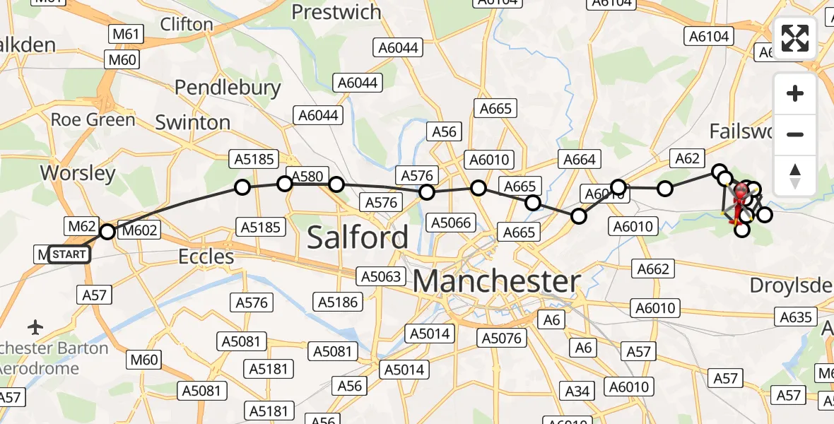 Flight route Air Ambulance Helicopter Worsley - Droylsden, 30 July 2026, 15:35