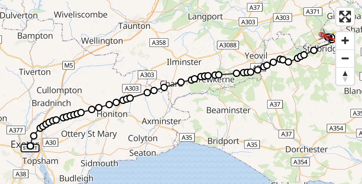 Flight route Air Ambulance Helicopter Royal Devon & Exeter Hospital - Henstridge Airfield, 30 July 2026, 15:41