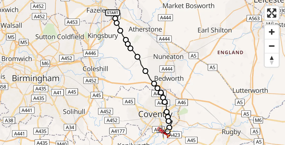 Flight route Air Ambulance Helicopter Tamworth - Coventry Airport, 30 July 2026, 15:41