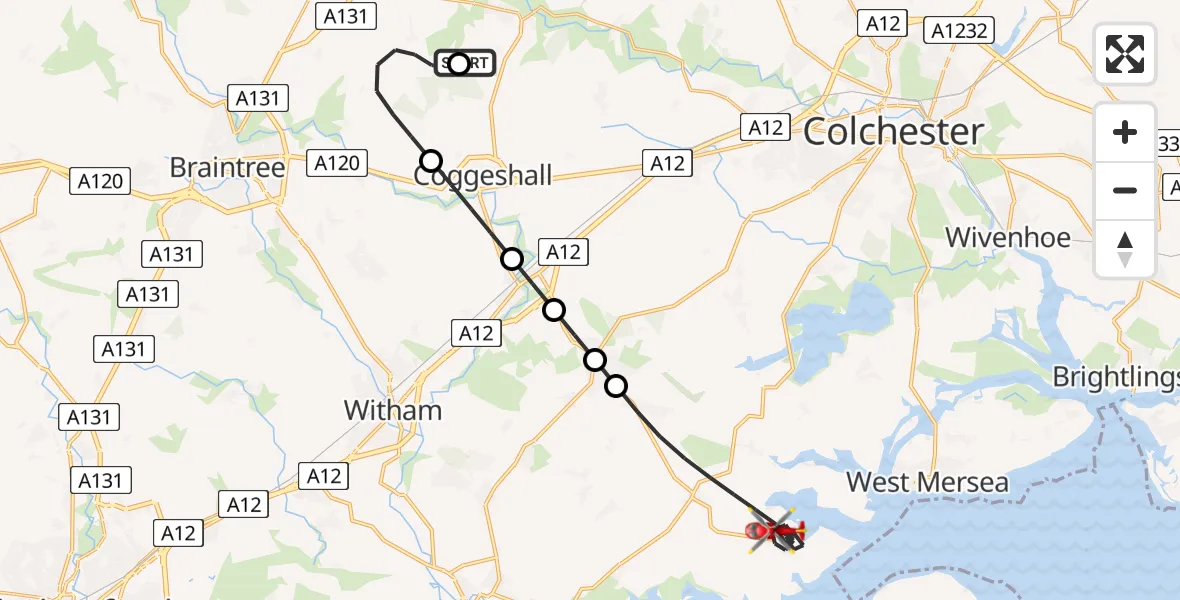 Flight route Air Ambulance Helicopter Earls Colne Airfield - Maldon, 30 July 2026, 15:44