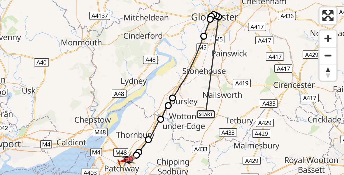 Flight route Air Ambulance Helicopter Kingscote - Almondsbury Helicopter Base, 30 July 2026, 15:45