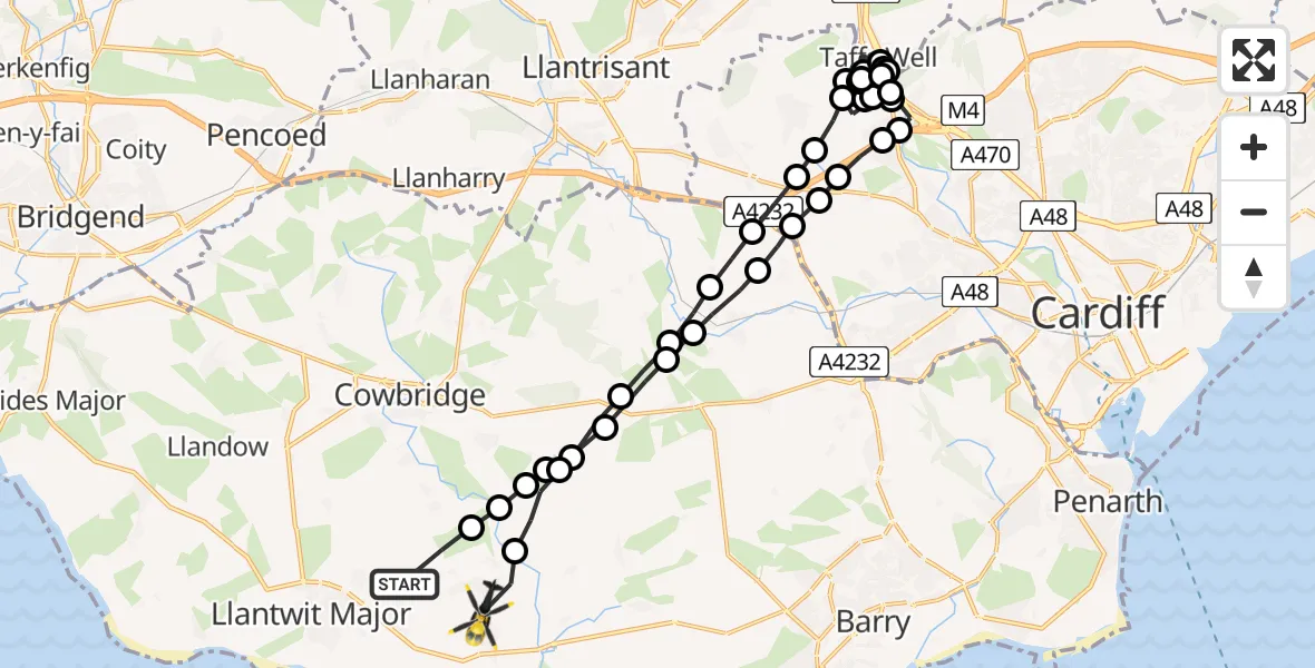 Flight route Police Helicopter Eglwys Brewis - MOD St Athan, 30 July 2026, 15:46