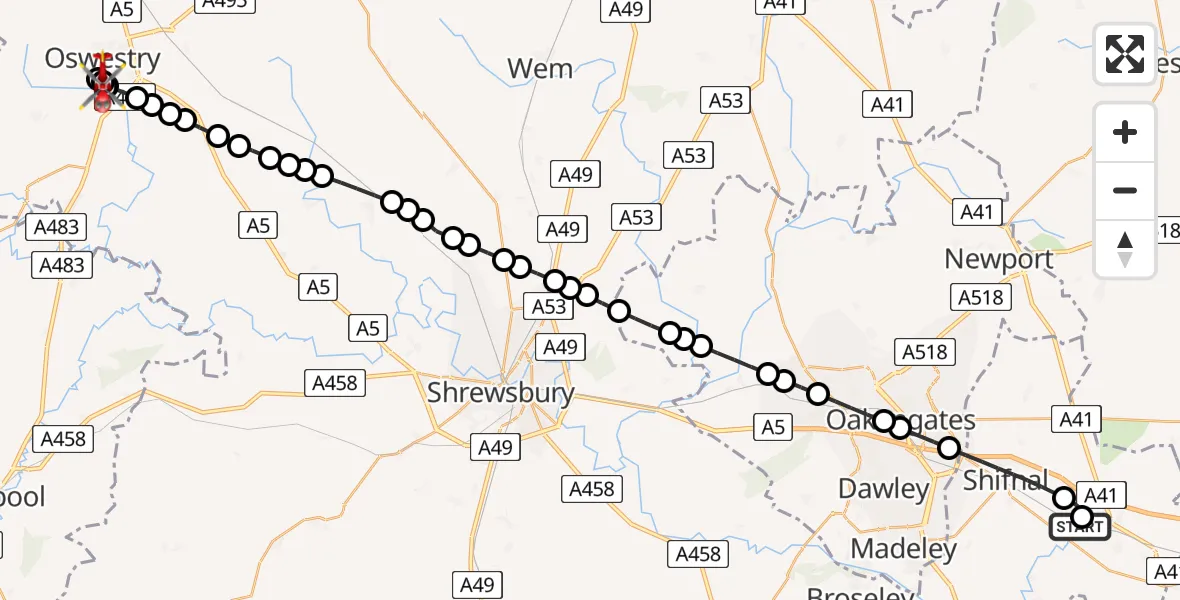 Flight route Air Ambulance Helicopter RAF Cosford - Oswestry, 30 July 2026, 15:56