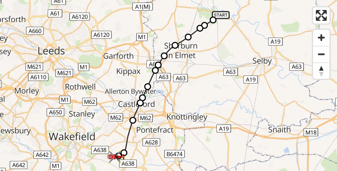 Flight route Air Ambulance Helicopter Ryther cum Ossendyke - YAA Nostell Helicopter Port, 30 July 2026, 15:57
