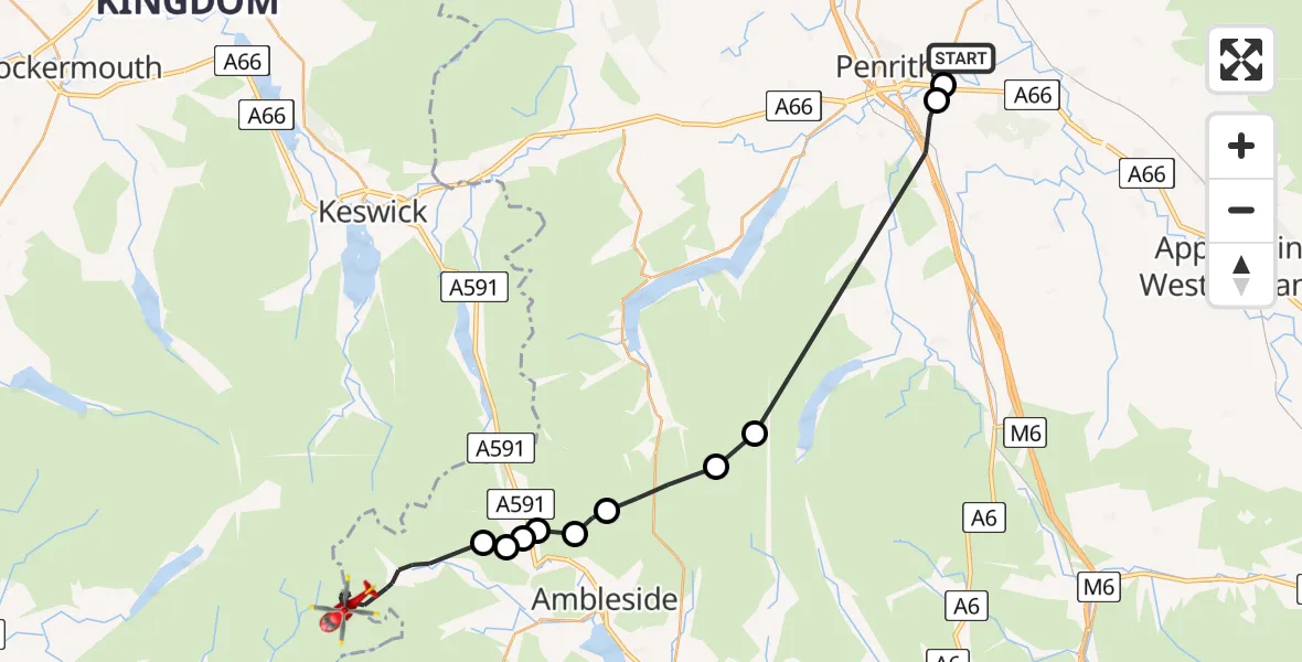 Flight route Air Ambulance Helicopter Penrith - Lakes, 30 July 2026, 15:57