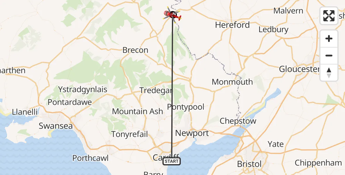 Flight route Air Ambulance Helicopter Cardiff Heliport - Clyro, 30 July 2026, 15:57