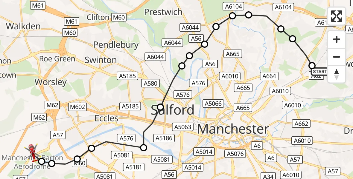 Flight route Air Ambulance Helicopter Newton Heath - Manchester Barton Aerodrome, 30 July 2026, 15:59