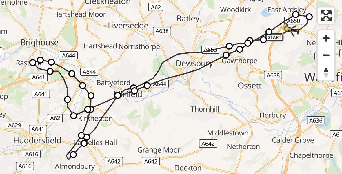 Flight route Police Helicopter East Ardsley - East Ardsley, 30 July 2026, 16:01