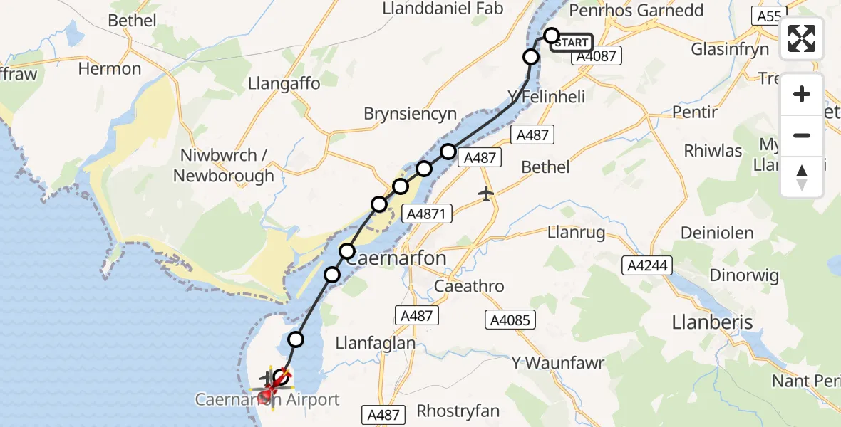Flight route Air Ambulance Helicopter Aber Pwll - Caernarfon Airport, 30 July 2026, 16:16