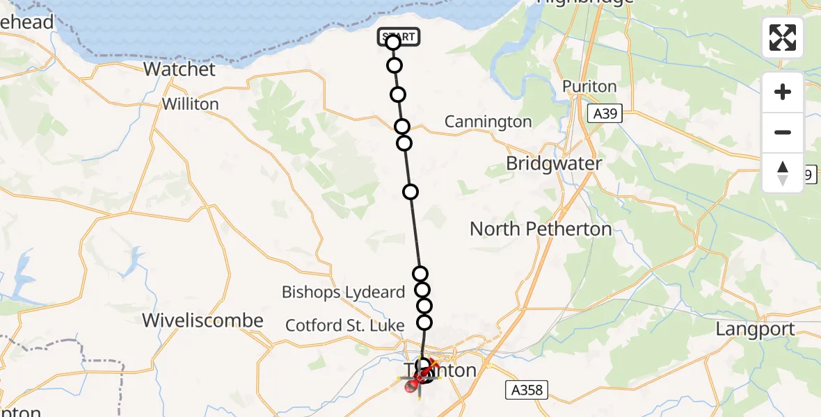Flight route Air Ambulance Helicopter Stogursey - Musgrove Hospital, 30 July 2026, 16:18