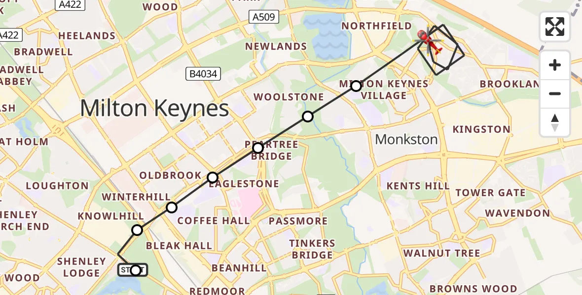 Flight route Air Ambulance Helicopter Bletchley - Monkston, 30 July 2026, 16:22