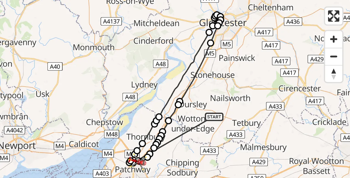 Flight route Air Ambulance Helicopter Kingscote - Almondsbury Helicopter Base, 30 July 2026, 16:26